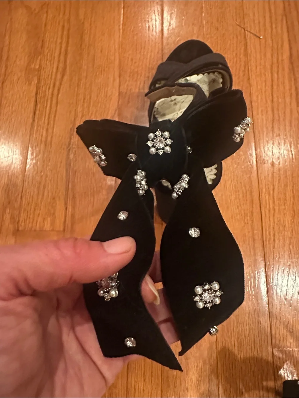 Nicola Bathie x antinio melani Black bow Crystal gem pearl platform Heels 7